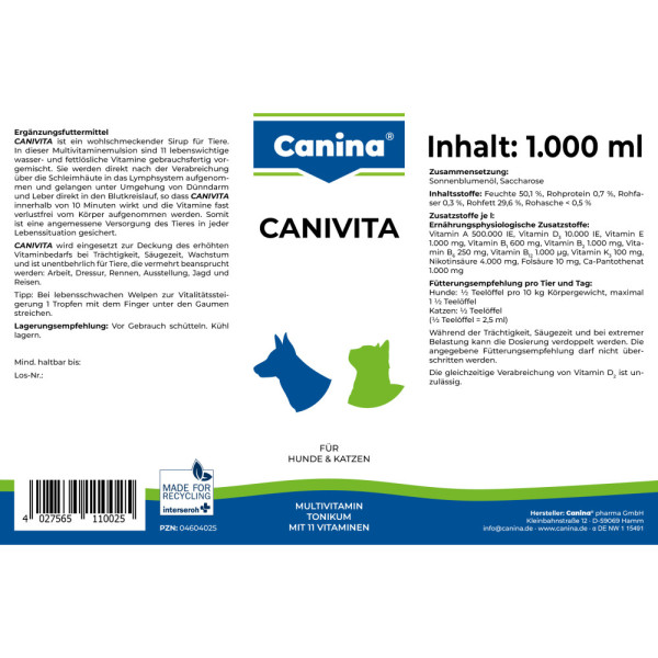 Canina (Канина) Canivita - Витаминизированный тоник для кошек и собак, с быстрым эффектом 1 л