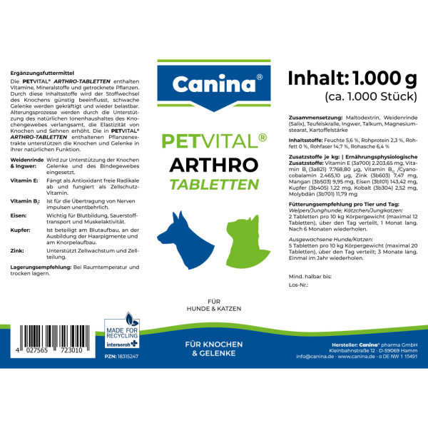 Canina (Канина) Petvital Arthro-Tabl.- Витамины для собак и кошек, для проблемных суставов (1000 табл) 1000 г