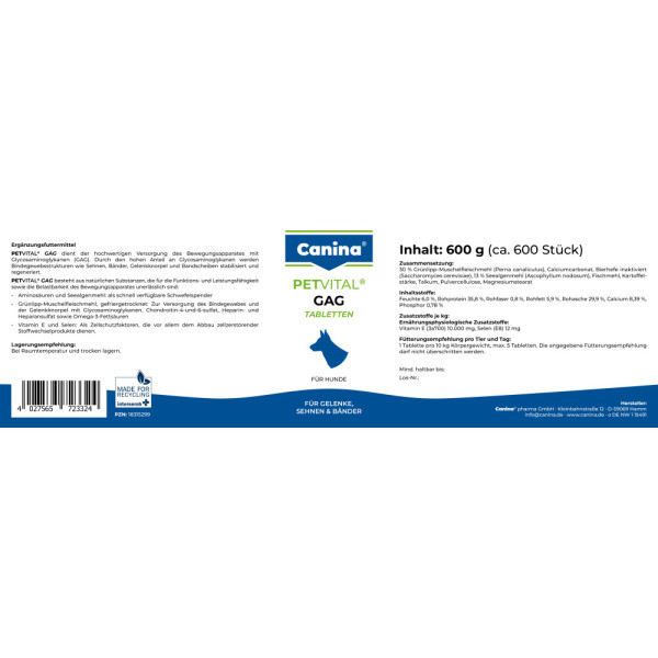 Сanina (Канина) Petvital GAG -Витамины для собак, глюкозамин с экстрактом мидий, для суставов и тканей (600 табл) 600 г