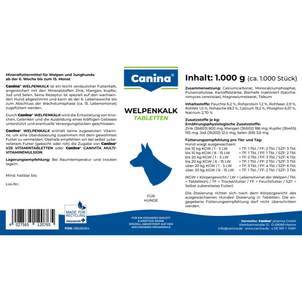 Canina (Канина) Welpenkalk - Витамины для укрепления зубов и костей у щенков (1000 табл) 1000 г