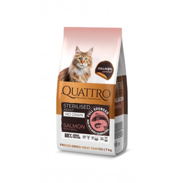 Quattro (Кватро) Cat Grain Free Salmon & Krill Sterilised Adult - Сухой беззерновой корм для взрослых стерилизованных котов с мясом лосося и крилем 7 кг