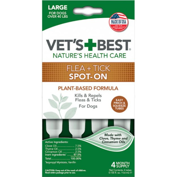 Vet`s Best (Ветс Бест) Flea + Tick Spot On Tubes Large - Капли от блох и клещей для собак от 18 кг 4 шт.